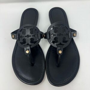TORY BURCH MILLER BLACK LEATHER CLASSIC DESIGNER LOGO SANDALS - SIZE 10M